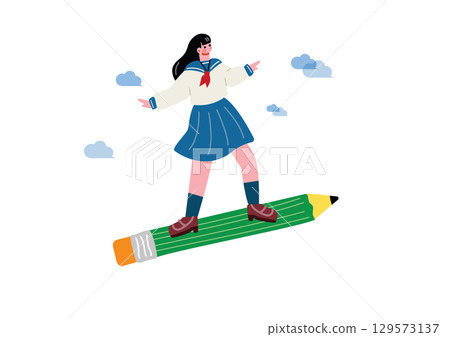 A high school girl takes off on a pencil A high school girl takes off on a pencil 129573137