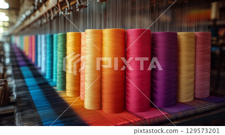 Colorful spools of thread arranged in rainbow order on industrial loom. Concept of textile manufacturing and craftsmanship 129573201