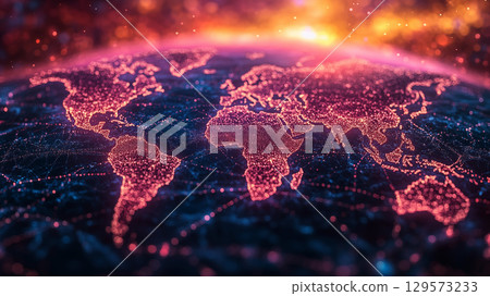Illuminated world map glowing with interconnected networks. Concept of global connectivity and digital transformation 129573233