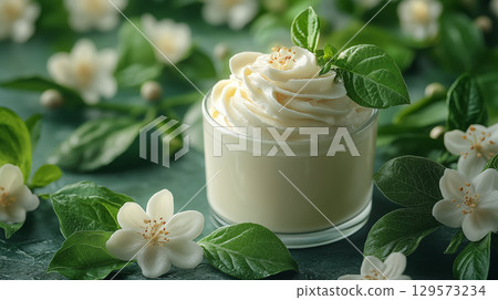 Jasmine-infused cream dessert with fresh flowers and green leaves, spring theme 129573234