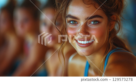 Young woman with freckles and bright smile in natural summer lighting 129573278