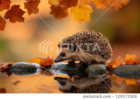 Hedgehog drinking water with reflection in autumn pond 129573309
