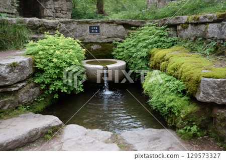 Fresh water flowing from a stone fountain in a peaceful garden 129573327