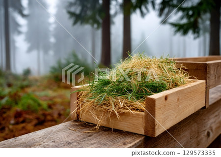 Wooden box full of grass and hay for feeding wild animals in winter Wooden box full of grass and hay for feeding wild animals in winter 129573335