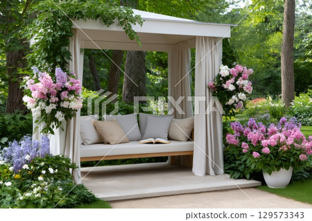 Relaxing gazebo in beautiful garden with book and flowers enjoying summer Relaxing gazebo in beautiful garden with book and flowers enjoying summer 129573343