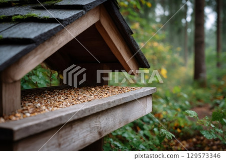 Wooden bird feeder filled with seeds in a forest 129573346