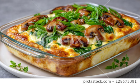 Baked eggs with spinach, mushrooms and green onions casserole 129573391