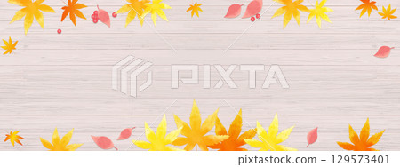 Autumn leaves on a wooden deck, background illustration of an autumn image Autumn leaves on a wooden deck, background illustration of an autumn image 129573401