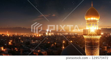 Illuminated mosque tower dominating tehran skyline at sunset, iran 129573472