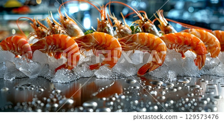 Fresh tiger prawns resting on a bed of sparkling ice 129573476