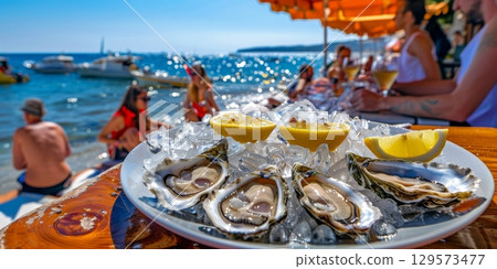 Fresh oysters with lemon and ice on beach restaurant table 129573477