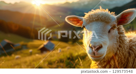 Sheep grazing in golden sunset light on mountain pasture 129573548