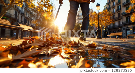 Street cleaner sweeping autumn leaves at sunrise in barcelona city 129573550