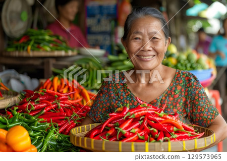 Smiling vendor holding chili peppers in traditional market in Bali, Indonesia 129573965