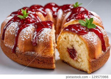 Delicious raspberry bundt cake with icing sugar and fresh mint 129573966