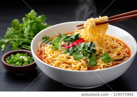 Chopsticks lifting noodles from bowl of hot spicy ramen 129573992