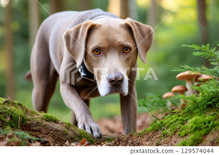 Curious labrador retriever exploring forest and observing mushrooms Curious labrador retriever exploring forest and observing mushrooms 129574044