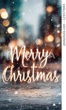 Festive winter scene with glowing text wishing Merry Christmas, surrounded by soft falling snowflakes and blurred city lights in the background 129574065