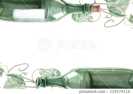 Rectangular frame with wine bottles and grapevine. Isolated watercolor illustration for wine list design, tasting invitations, postcards, packaging, culinary blogs and magazines. 129574218