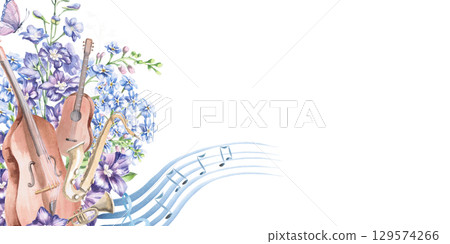 Rectangular frame with 4 musical instruments in flowers. Isolated watercolor illustration of a musical instrument in a realistic style for decorating invitations, labels, cards and posters. 129574266