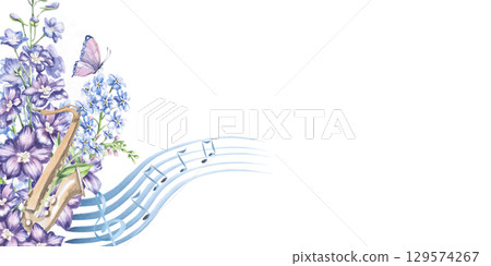 Rectangular frame with saxophone in flowers and musical staff. Isolated watercolor illustration of musical instrument in realistic style for design of invitations, labels, postcards and posters. 129574267