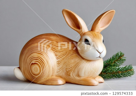 Wooden easter bunny rabbit ornament resting on a white surface 129574333