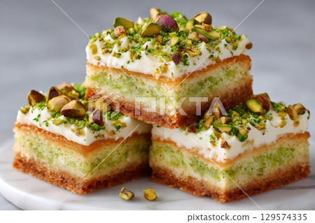 Delicious pistachio cake slices resting on marble surface 129574335