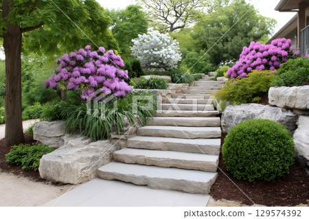 Stone stairs winding through lush garden with blooming rhododendrons and ornamental shrubs 129574392