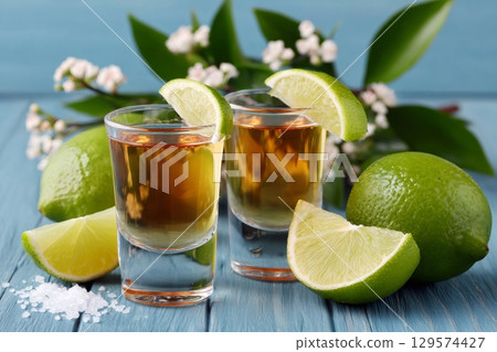 Two tequila shots with lime and salt on blue wood table 129574427
