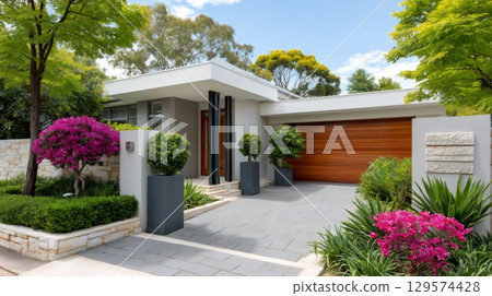 Beautiful modern house with flowering plants and wooden garage door 129574428