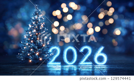 Sparkling blue 2026 numbers illuminated beside a decorated Christmas tree, creating a festive atmosphere with colorful bokeh lights in the background 129574441