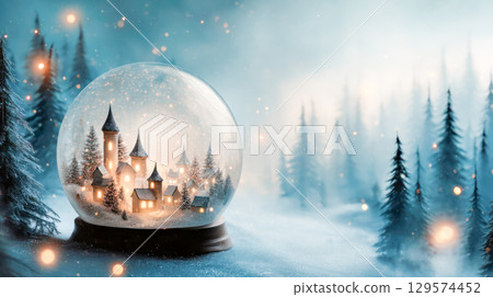 Snow globe featuring a charming winter village scene with illuminated houses and pine trees, creating a magical holiday atmosphere 129574452