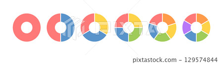Circle division infographic icon set. Pie chart divided 3,4,5,6 equal parts. Color ring, donut round diagram. Infographic wheel segment and fraction. Vector illustration isolated on white background 129574844