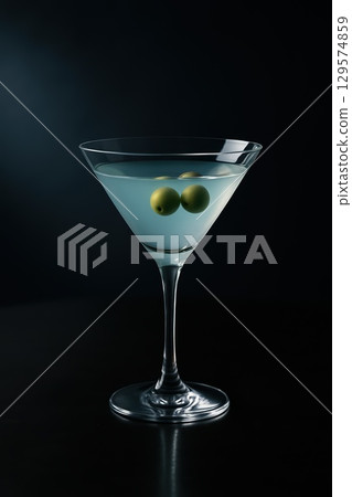 Pale blue martini cocktail glowing in spotlight with olives at center 129574859