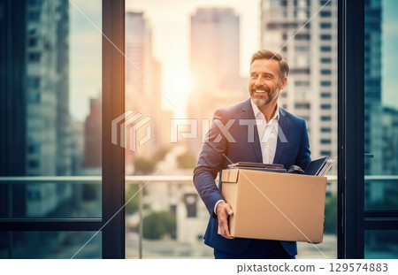Man smiling and walking with box of personal office items in hand after job change or promotion in professional business relocation scenario 129574883