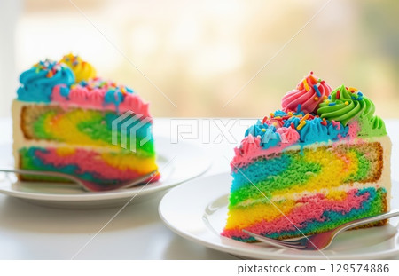 Two delicious slices of colorful frosted cake on white plates with forks resting beside them in warm softly lit background scene Two delicious slices of colorful frosted cake on white plates with forks resting beside them in warm softly lit background scene 129574886