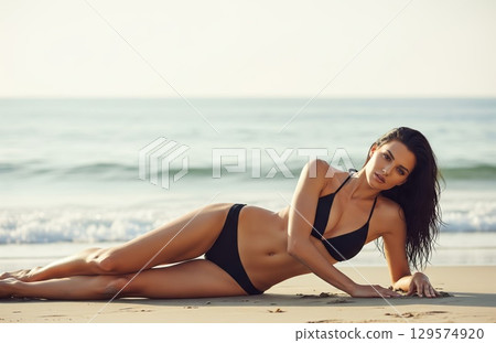 Model in black bikini lies in elegant pose on ocean beach with waves and sunlight creating sensual summer mood, relaxing alone on warm sand 129574920