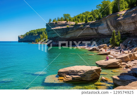 Peaceful view of rocky shoreline with golden cliffs and blue water under soft sky in scenic remote lakeside landscape 129574925