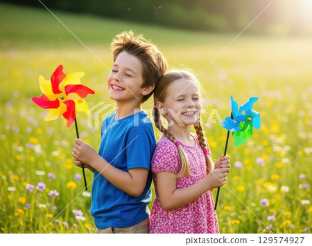 In a grassy field full of wildflowers, two smiling children stand back-to-back with pinwheels, bathed in golden sunlight, expressing innocence, joy, and friendship 129574927