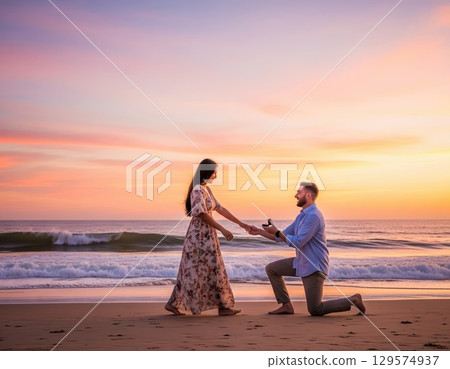 Beautiful beach proposal at sunset with soft sky tones and romantic couple in silhouette by calm sea 129574937