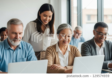 Elderly multicultural students learning computer skills in classroom with laptops guided by mentor promoting education and technology among seniors Elderly multicultural students learning computer skills in classroom with laptops guided by mentor promoting education and technology among seniors 129574939