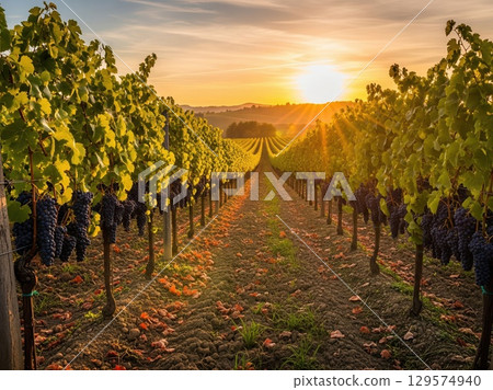 Sunlight Touches Ripe Grapes Hanging From Vineyard Vine Rows in Autumn Landscape Scene Before Wine Harvest 129574940