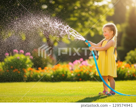 Girl makes summer rain with garden hose 129574941