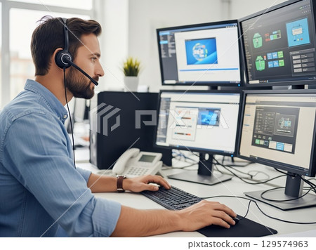 IT Technician Wearing Headset Solves Computer Problem While Monitoring Screens in Busy Technical Support Office 129574963