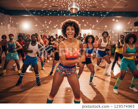 Energetic aerobics session in 1970s setting led by a dynamic instructor in bright retro clothes, exuding joy and rhythmic motion 129574965