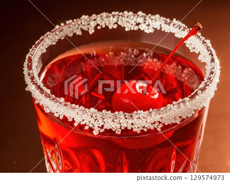 Sparkling red cocktail with cherry detail in sleek transparent glass with sugar-crystal edge 129574973