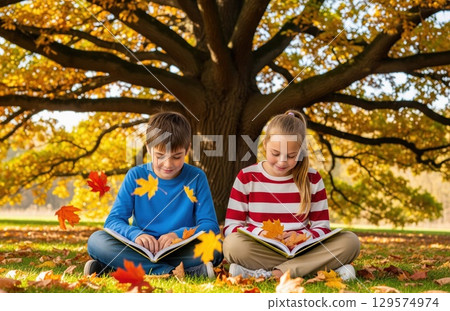 Under colorful tree canopy children read surrounded by autumn leaves and green grass Under colorful tree canopy children read surrounded by autumn leaves and green grass 129574974