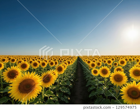 Sunlit field of tall golden sunflowers facing the horizon with dirt path winding gently under deep azure sky on warm summer day Sunlit field of tall golden sunflowers facing the horizon with dirt path winding gently under deep azure sky on warm summer day 129574975