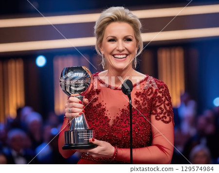 Bright Spotlight on Confident Woman Accepting Trophy on Podium During Festive Recognition Event Bright Spotlight on Confident Woman Accepting Trophy on Podium During Festive Recognition Event 129574984