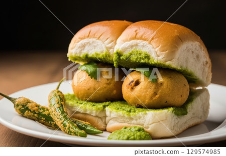 Detailed view of Indian Vada Pav with fried chilies, spicy chutney and crispy bun on rustic surface 129574985